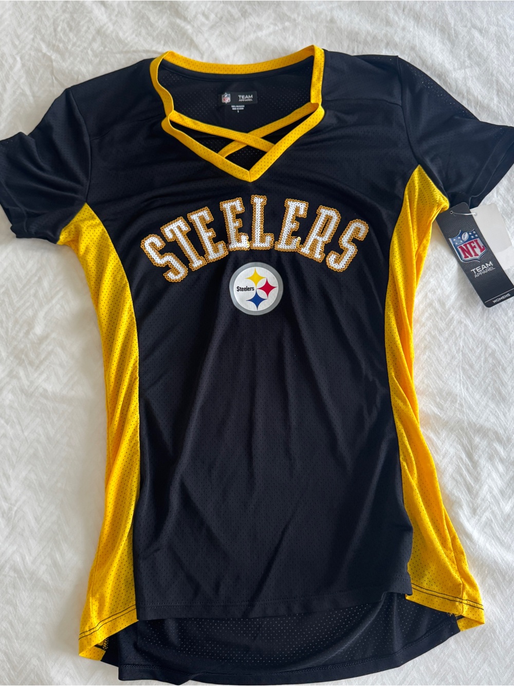 NWT Pittsburgh Steelers NFL Women’s Sequin Mesh Jersey Top Size S